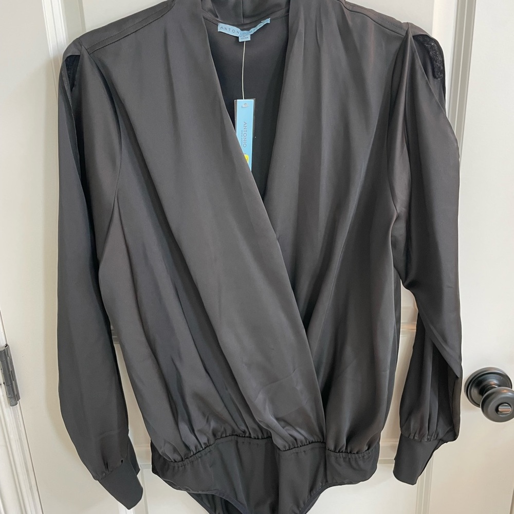Antonio Melani Black silky bodysuit. Drapery style. Size Large